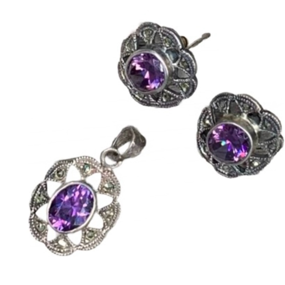Vintage Amethyst Marcasite SS earrings and pendant. - Picture 2 of 6
